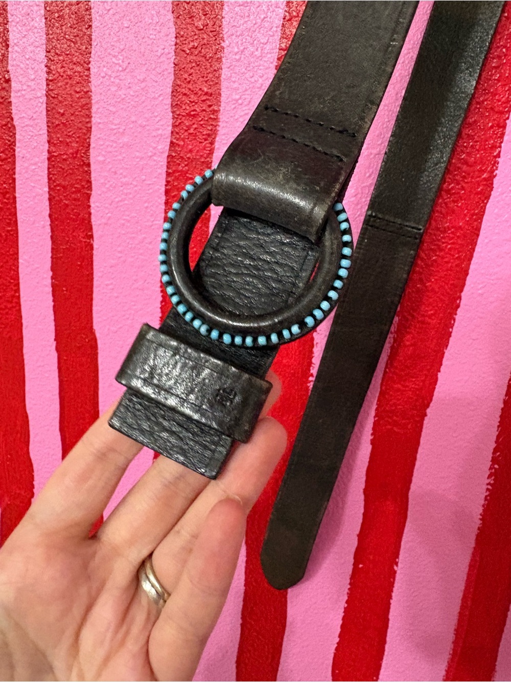Lauren Ralph Lauren Black Leather Belt with Turquoise Beaded Ring